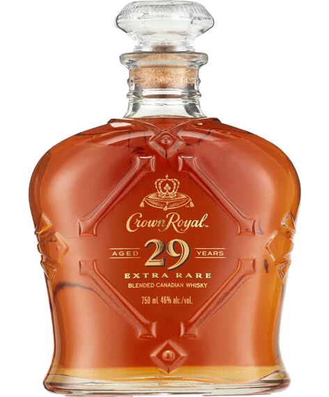 Crown Royal Whiskey Extra Rare Canada 29yr 750ml, showcasing an elegantly designed dark bottle with gold accents and a luxurious purple velvet bag, emphasizing its premium aged quality.