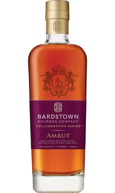 Bardstown Bourbon Collaborative Series Amrut Cask bottle, 750ml. The bottle features a sophisticated label highlighting its Kentucky origin and unique Amrut cask aging process, set against a background that suggests its premium quality.