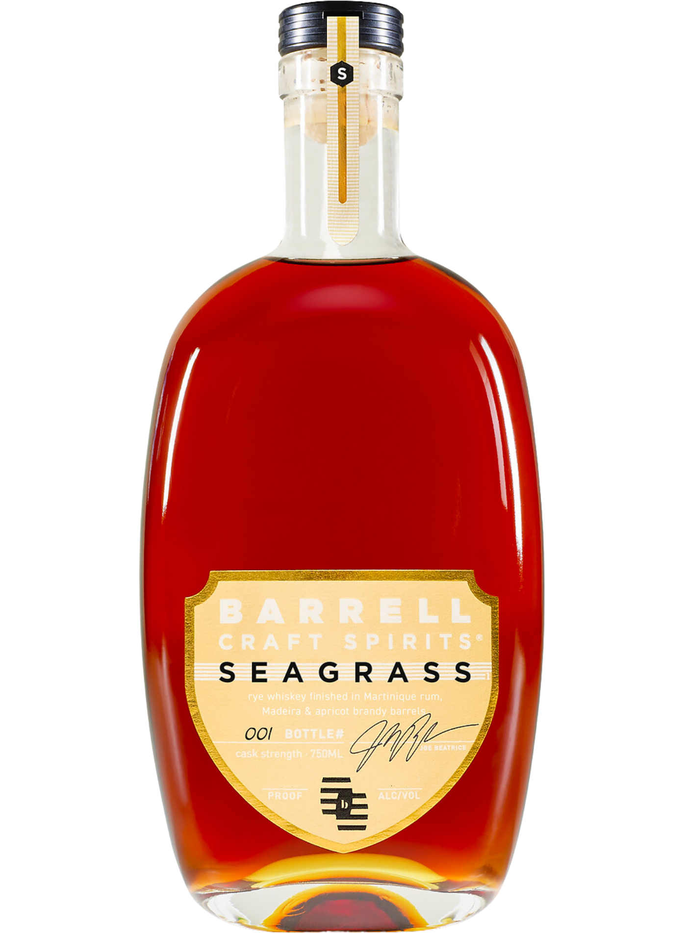 Bottle of Barrell Craft Spirits Seagrass Whiskey Rye Cask Strength Gold Label Kentucky 20yr 750ml, featuring an elegant design, representing premium rye whiskey with tropical and spice notes.