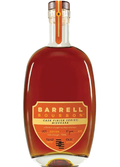 Bottle of Barrell Bourbon Cask Strength Finished in Mizunara Kentucky 6yr 750ml, showcasing an elegant design with a rich amber liquid, representing premium bourbon with notes of caramel and sandalwood.