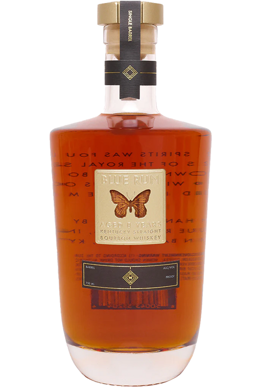 Blue Run Bourbon Straight Pomp and Circumstance Kentucky 8yr 750ml, showcasing an elegantly designed bottle with gold and blue accents, filled with rich amber-colored bourbon.