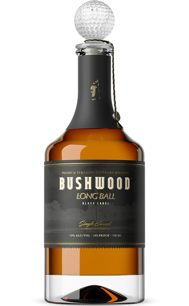 Bushwood Bourbon Premium Straight Long Ball Single Barrel Kentucky 750ml bottle, featuring a rich amber hue and sophisticated label, ideal for bourbon aficionados and collectors.