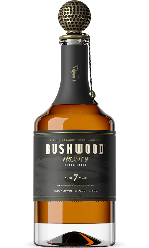 Bushwood Front 9 Bourbon Straight Premium Kentucky 7yr 750ml bottle, showcasing its rich amber color and elegant label, perfect for bourbon enthusiasts and collectors.