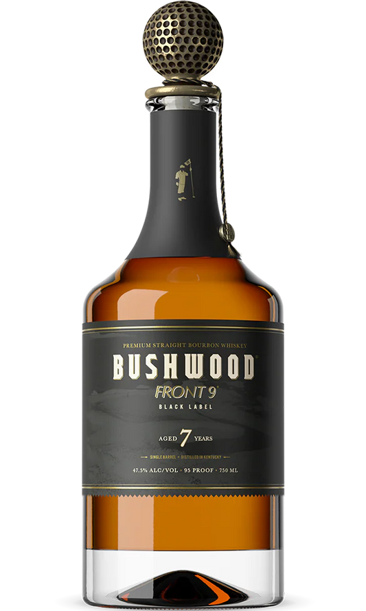 Bushwood Front 9 Bourbon Straight Premium Kentucky 7yr 750ml bottle, showcasing its rich amber color and elegant label, perfect for bourbon enthusiasts and collectors.