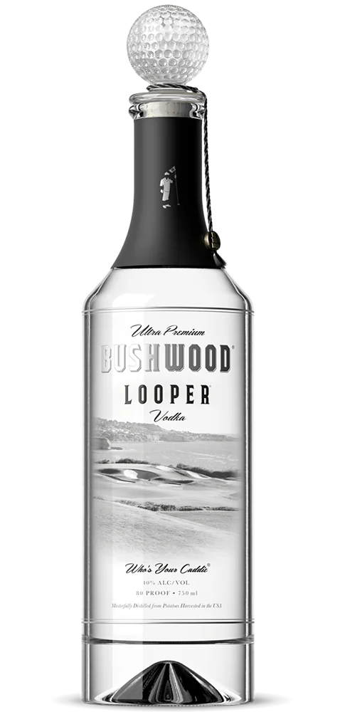 Bushwood Looper Vodka Ultra Premium USA 750ml bottle, showcasing its sleek design and clear appearance, ideal for vodka enthusiasts and premium cocktail crafting.