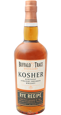 750ml bottle of Buffalo Trace Kosher Rye Whiskey, featuring a label that confirms its Kentucky origin and kosher certification, highlighted against a background that accentuates the rich, amber color of the whiskey.