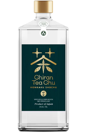 Chiran Tea Chu Honkaku Shochu Sweet Potato Japan 750ml bottle. The elegant, clear bottle displays the premium Japanese spirit, highlighting its origin from Chiran and crafted from sweet potatoes