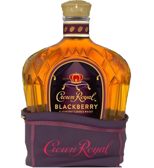 Crown Royal Whiskey Blackberry Limited Edition 750ml, featuring a distinctive purple label with the iconic Crown Royal logo, set against a backdrop of rich, dark blackberries.