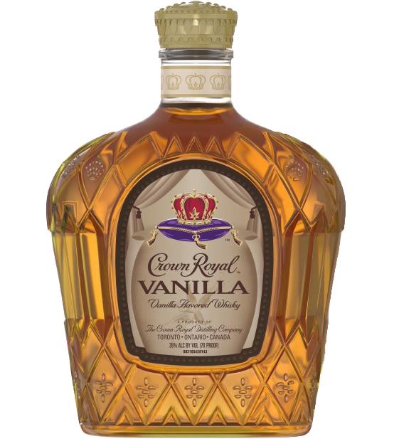 Crown Royal Vanilla Whiskey 750ml bottle, featuring a smooth, clear glass with a distinctive label highlighting its rich vanilla infusion. The iconic Crown Royal purple and gold bag is prominently displayed, reflecting its Canadian origin and premium quality.