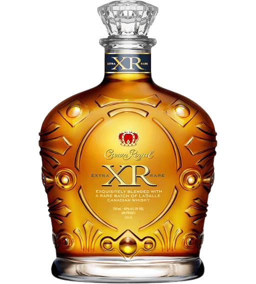 Crown Royal XR Rare Canadian Whiskey 750ml, displayed in an elegant, luxurious blue and gold box. The bottle itself features a sleek design with a prominent Crown Royal label, showcasing its exclusivity and premium quality, symbolizing one of the last batches from the LaSalle distillery.