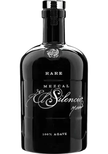 El Silencio Mezcal Rare Oaxaca 750ml bottle, prominently displaying its elegant, dark label with silver accents and the distinctive silhouette of an agave plant. The bottle captures the essence of its artisanal origins and rare Oaxacan agave blend.