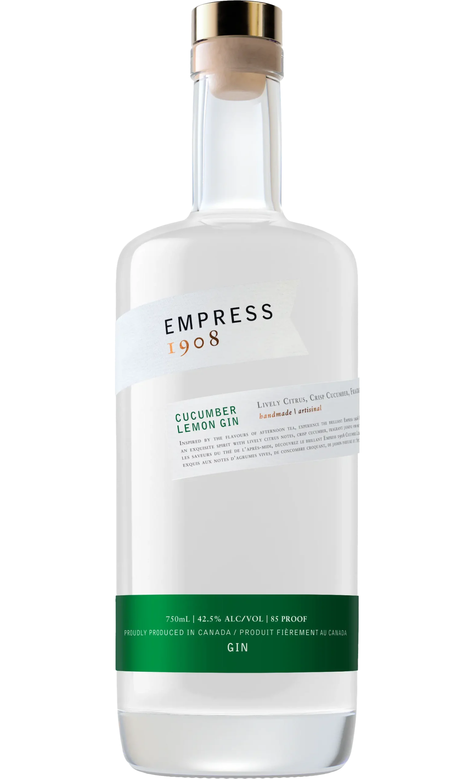 Bottle of Empress 1908 Gin Cucumber Lemon, 750ml, from Canada, with a striking indigo hue that changes to pink with citrus, highlighting its 85 proof strength and refreshing cucumber lemon infusion.