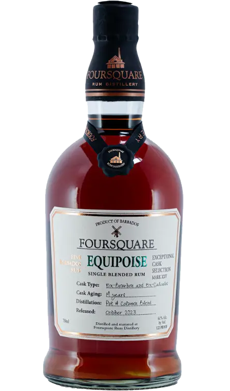 Foursquare Equipoise Single Blended Rum bottle, 750ml, prominently displaying its elegant label against a backdrop of aged wood, highlighting its Exceptional Cask Selection from Barbados