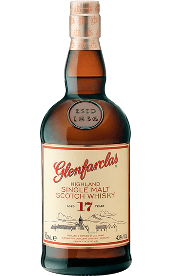 Glenfarclas 17-Year-Old Single Malt Scotch, 750ml bottle. The elegant bottle is displayed with a rich amber-colored whisky visible through the glass, adorned with a sophisticated label that emphasizes its Highland origin and 17-year maturation.