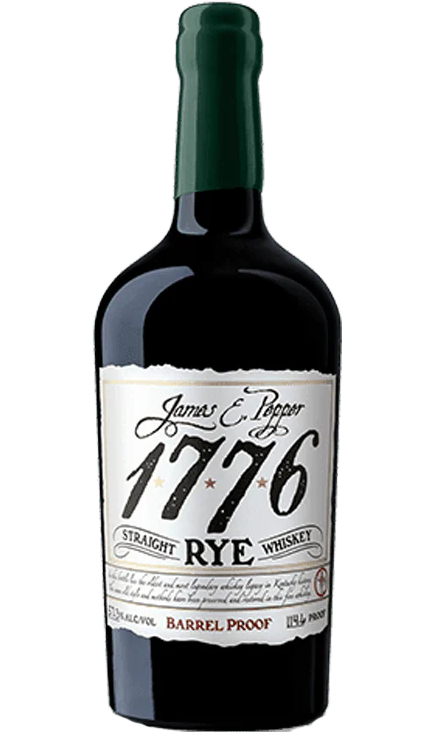 James E. Pepper 1776 Whiskey Rye Barrel Proof bottle, 750ml size, showcasing its deep amber color and distinctive label with historical Kentucky branding.
