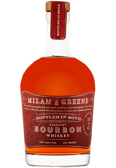 Milam & Greene Bourbon Straight Bottle in Bond, Tennessee, 4 Year Old, 750ml bottle with rich caramel and oak flavors, premium Tennessee whiskey