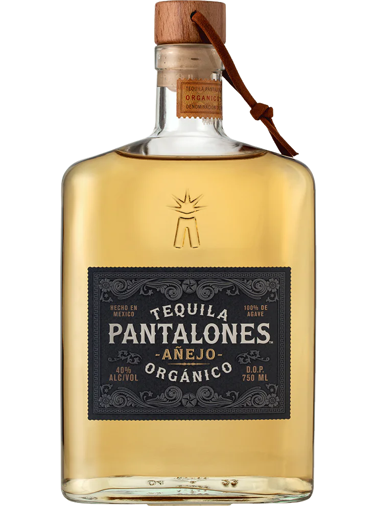 Pantalones Tequila Orgánico Añejo 750ml bottle with organic blue agave, aged tequila, caramel and vanilla flavors