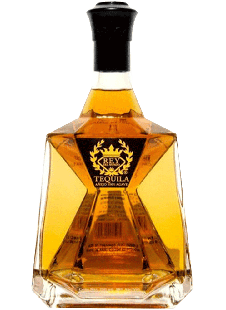 Tequila Rey del Mundo Añejo, 750ml, featuring a rich amber color, elegant labeling, and traditional Mexican design. Highlighting its premium quality and aged for at least one year, made from 100% blue agave.