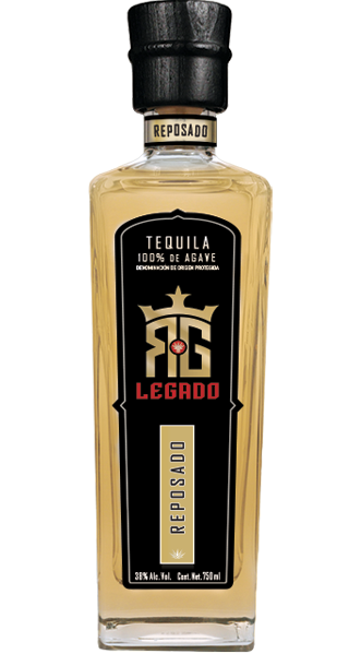 RG Legado Tequila Reposado 750ml bottle, showcasing golden tequila aged in oak barrels with caramel and vanilla flavors.