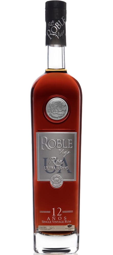 Ron Roble Viejo Ultra Anejo 12 Year 700ml, showcasing premium aged rum with a label highlighting the 12-year aging process, set against a backdrop of oak barrels and sugarcane fields.