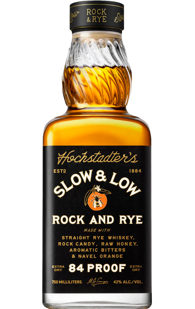 750ml bottle of Slow and Low Whisky Rock & Rye, featuring a vintage-style label and a clear view of the amber-colored whisky inside.