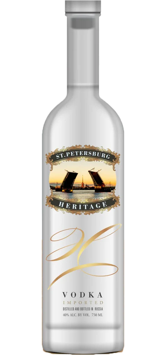 Premium 750ml bottle of St. Petersburg Heritage Ultra Premium Vodka, showcasing its crystal-clear appearance and elegant label detailing its Russian origins and luxury status, perfect for discerning vodka enthusiasts