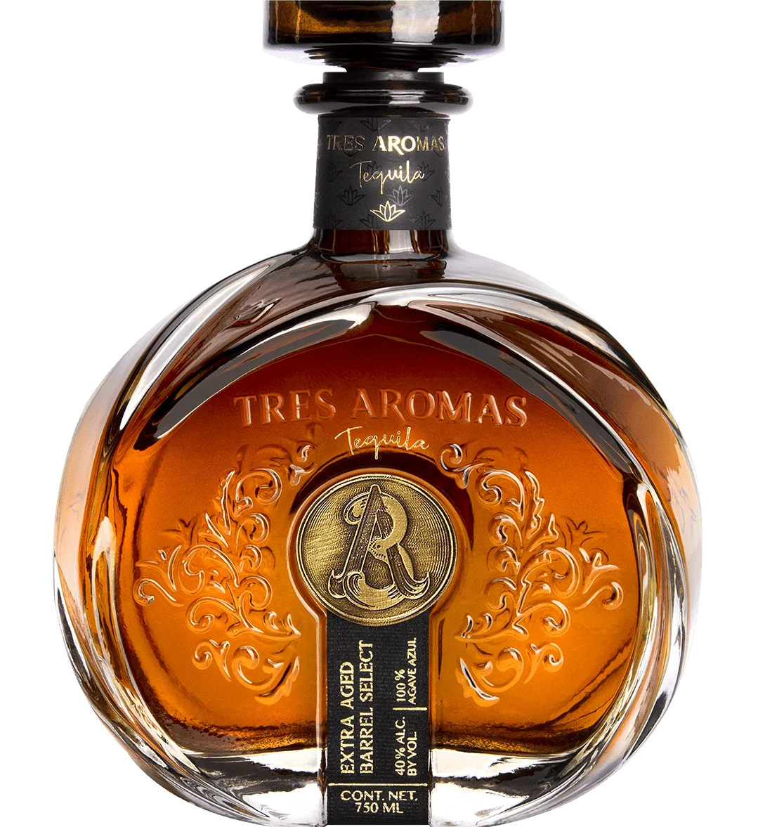 750ml bottle of Tres Aromas Tequila Extra Aged Barrel Select, featuring a dark, rich amber tequila showcased in a clear glass bottle with elegant labeling, emphasizing its premium barrel select status and extra aging process