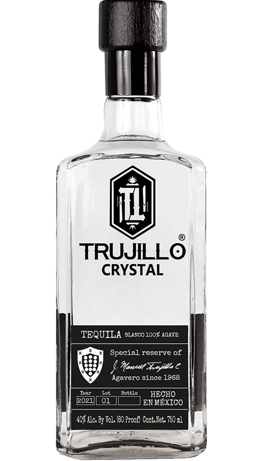 Bottle of Trujillo Blanco Crystal Tequila 750ml, featuring a clear liquid in an elegant bottle, representing premium 100% blue agave tequila with a smooth, crisp flavor.