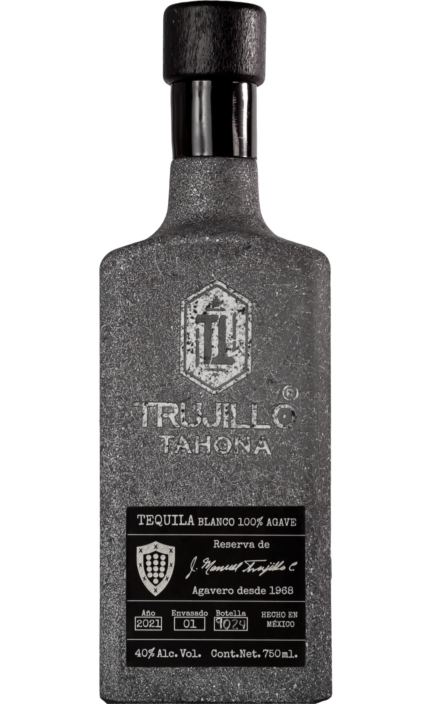 Bottle of Trujillo Tequila Blanco Tahona 750ml, showcasing clear liquid in a sleek bottle, representing premium 100% blue agave tequila crafted with the traditional Tahona method.