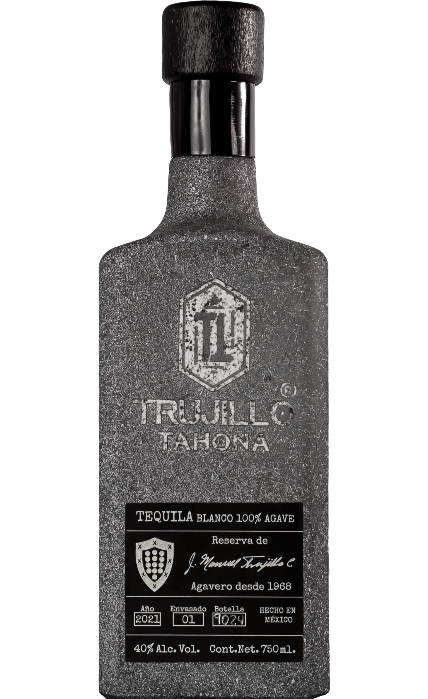 Bottle of Trujillo Tequila Blanco Tahona 750ml, showcasing clear liquid in a sleek bottle, representing premium 100% blue agave tequila crafted with the traditional Tahona method.