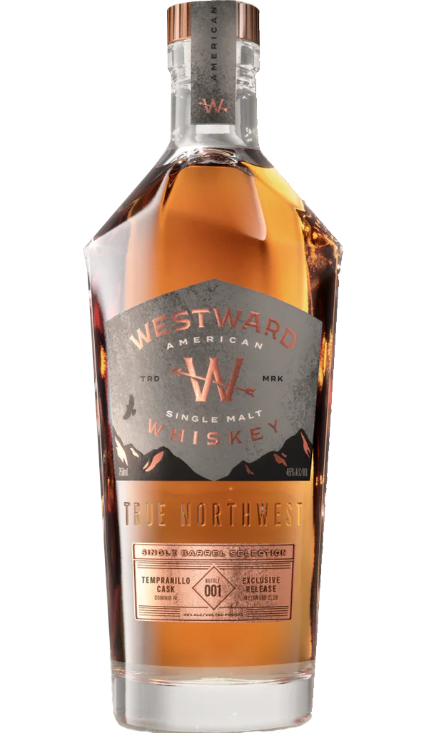 Image of Westward Whiskey Single Malt Exclusive Single Barrel Selection Oregon 750ml. The bottle features a robust design with prominent label detailing its origin in Oregon and exclusive single barrel quality, showcasing a clear view of the amber-colored whiskey.