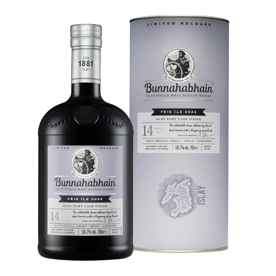 BUNNAHABHAIN SCOTCH SINGLE MALT RUBY PORT CASK FINISH FEIS ILE 2024 14YR 700ML