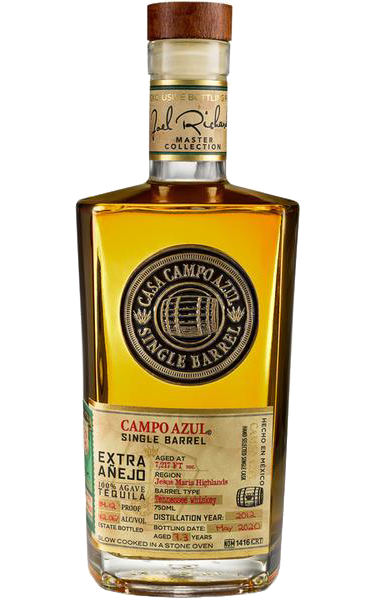 Image of Campo Azul Tequila Extra Añejo Single Barrel Single Cask 2013 750ml bottle, displaying its elegant, dark glass design with embossed label detailing the exclusive aging process and vintage year