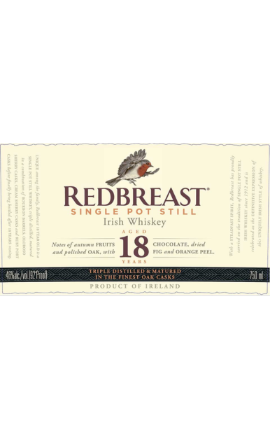 REDBREAST POT STILL IRISH WHISKEY TRIPLE DISTILLED AND MATURED IN FINEST OAK CASKS 18YR 750ML