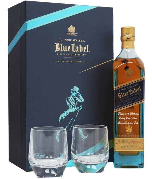 JOHNNIE WALKER SCOTCH BLENDED BLUE LABEL GFT PK W/ GLASSES 750ML